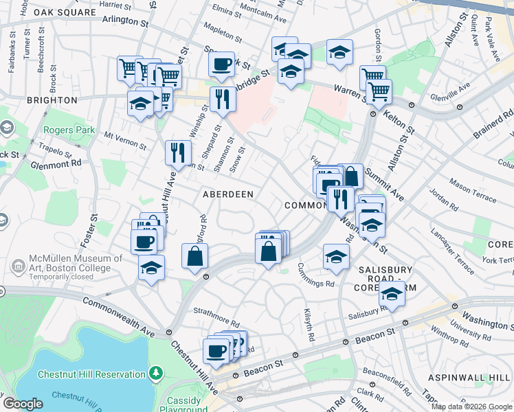 map of restaurants, bars, coffee shops, grocery stores, and more near 107 Nottinghill Road in Boston