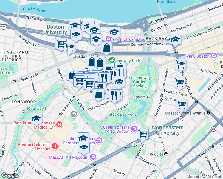 map of restaurants, bars, coffee shops, grocery stores, and more near 119 Jersey Street in Boston