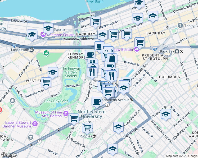 map of restaurants, bars, coffee shops, grocery stores, and more near 71 Westland Avenue in Boston