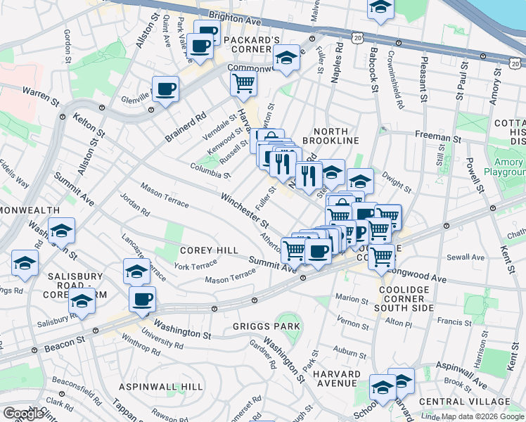 map of restaurants, bars, coffee shops, grocery stores, and more near 104 Winchester Street in Brookline