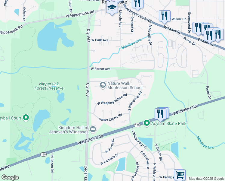 map of restaurants, bars, coffee shops, grocery stores, and more near 224 Primrose Lane in Round Lake