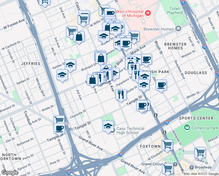 map of restaurants, bars, coffee shops, grocery stores, and more near 475 Peterboro Street in Detroit