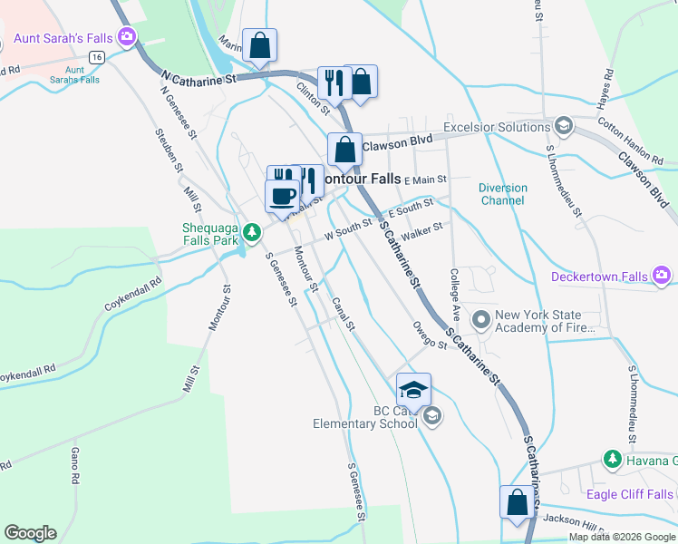 map of restaurants, bars, coffee shops, grocery stores, and more near 214 Canal Street in Montour Falls
