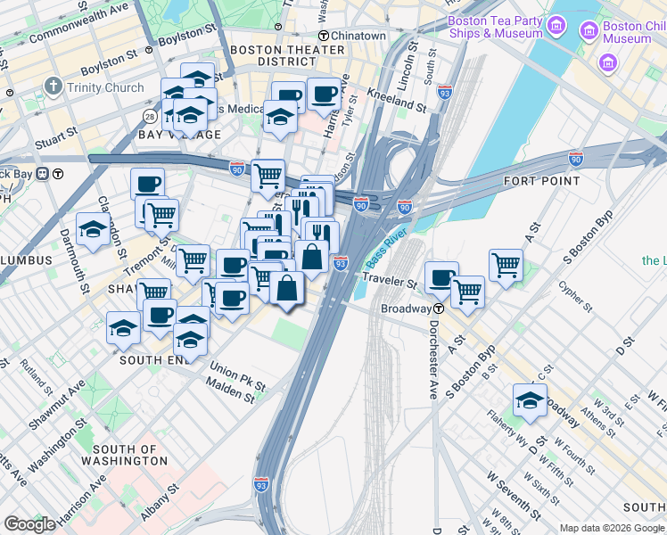 map of restaurants, bars, coffee shops, grocery stores, and more near Traveler Street in Boston