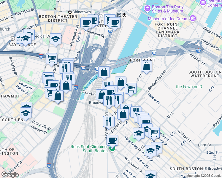 map of restaurants, bars, coffee shops, grocery stores, and more near 1 Gillette Park in Boston