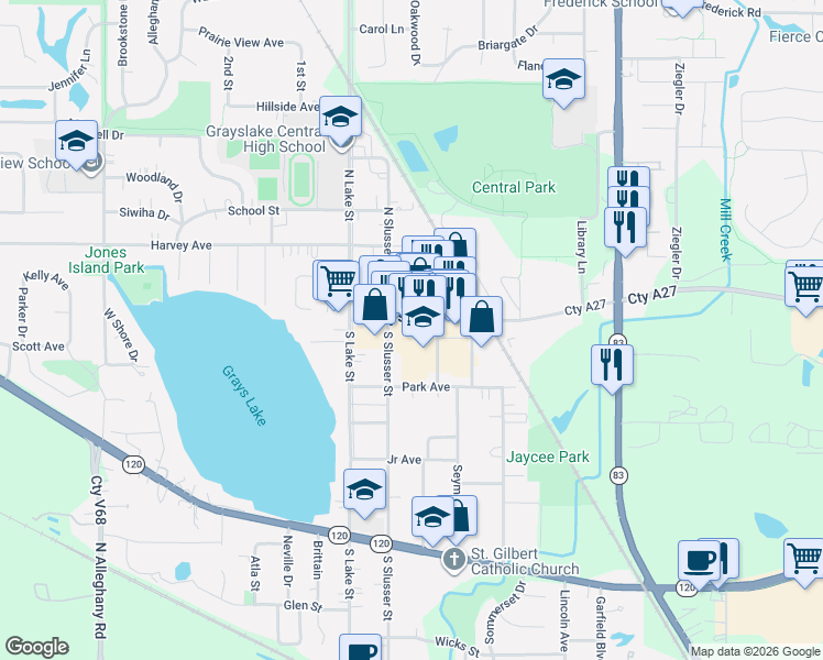 map of restaurants, bars, coffee shops, grocery stores, and more near 129 Cty A27 in Grayslake