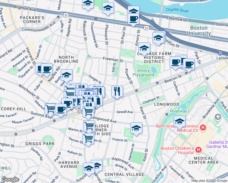 map of restaurants, bars, coffee shops, grocery stores, and more near 3 James Street in Brookline