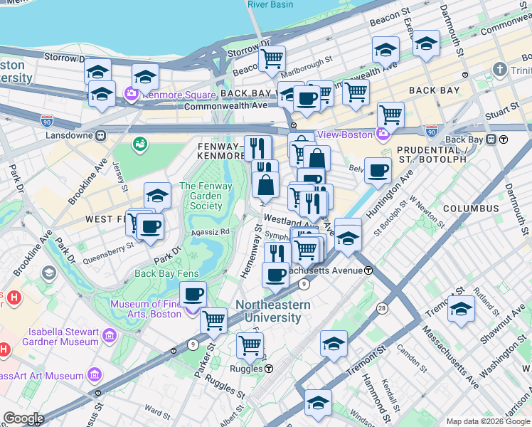 map of restaurants, bars, coffee shops, grocery stores, and more near 91 Westland Avenue in Boston