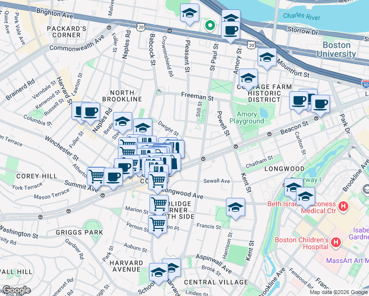 map of restaurants, bars, coffee shops, grocery stores, and more near 21 James Street in Brookline