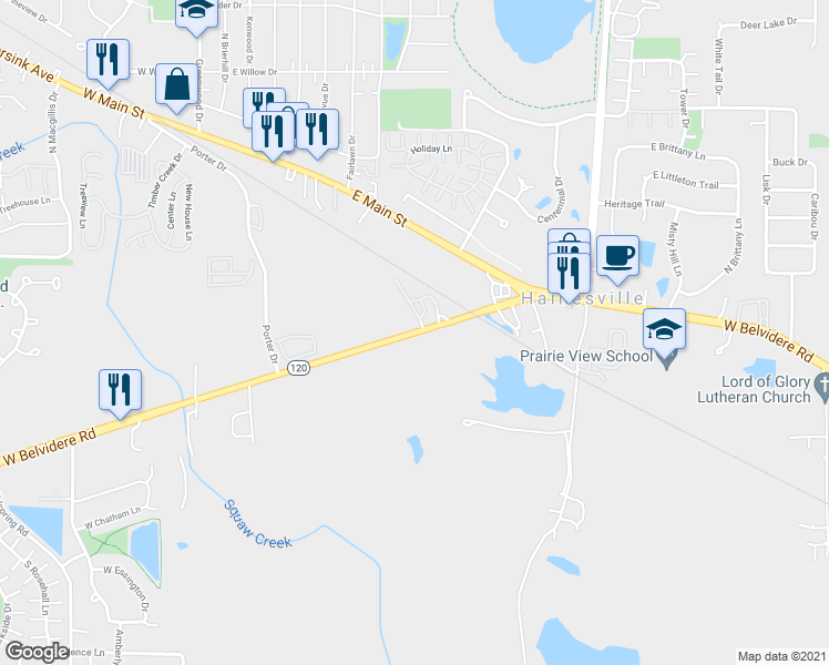 map of restaurants, bars, coffee shops, grocery stores, and more near 298 W Belvidere Rd in Hainesville