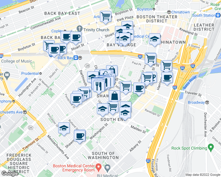 map of restaurants, bars, coffee shops, grocery stores, and more near 540 Tremont Street in Boston