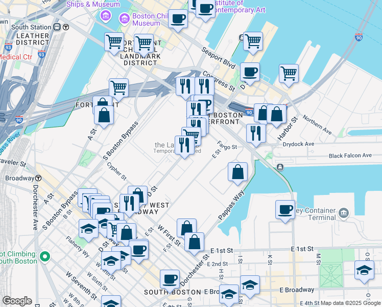 map of restaurants, bars, coffee shops, grocery stores, and more near 393 D Street in Boston