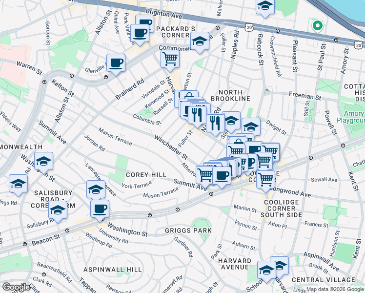 map of restaurants, bars, coffee shops, grocery stores, and more near 104 Winchester Street in Brookline