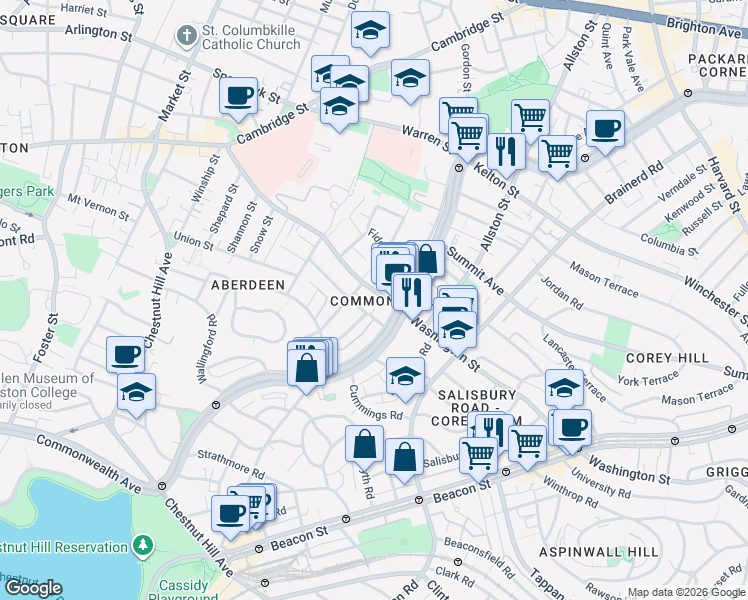 map of restaurants, bars, coffee shops, grocery stores, and more near 1619 Commonwealth Avenue in Boston