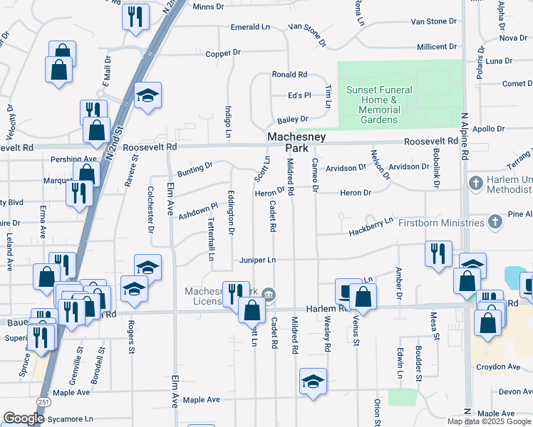 map of restaurants, bars, coffee shops, grocery stores, and more near 8305 Scott Lane in Machesney Park