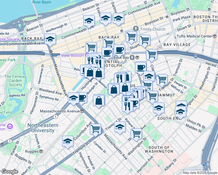 map of restaurants, bars, coffee shops, grocery stores, and more near 195 West Newton Street in Boston