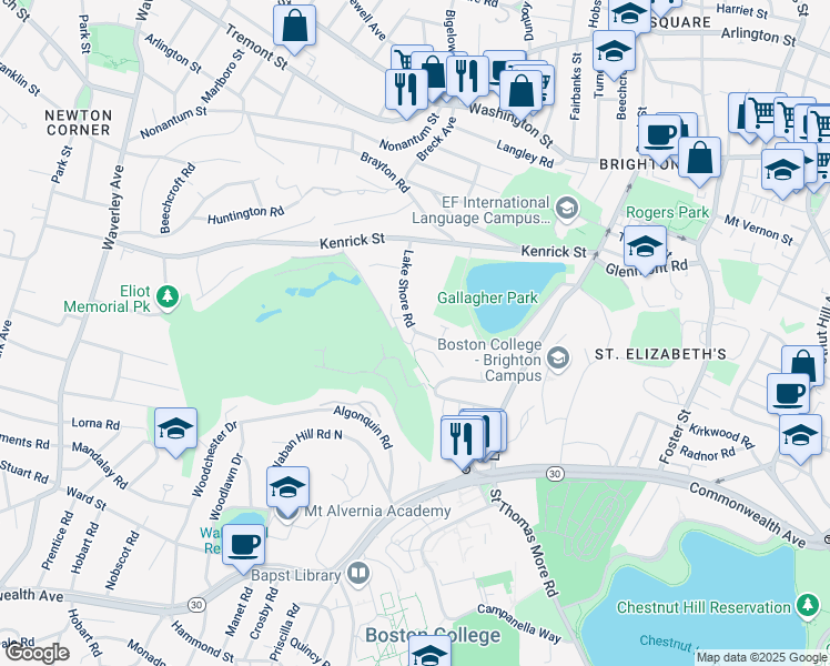 map of restaurants, bars, coffee shops, grocery stores, and more near 22 Lake Shore Terrace in Boston
