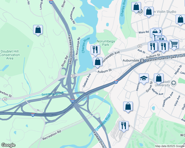 map of restaurants, bars, coffee shops, grocery stores, and more near 2390 Commonwealth Avenue in Newton