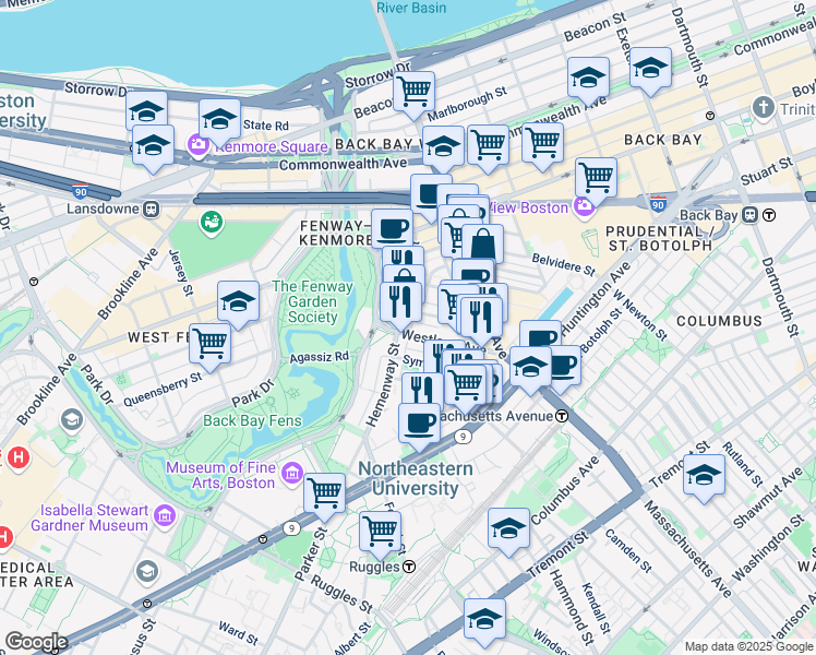 map of restaurants, bars, coffee shops, grocery stores, and more near in Boston