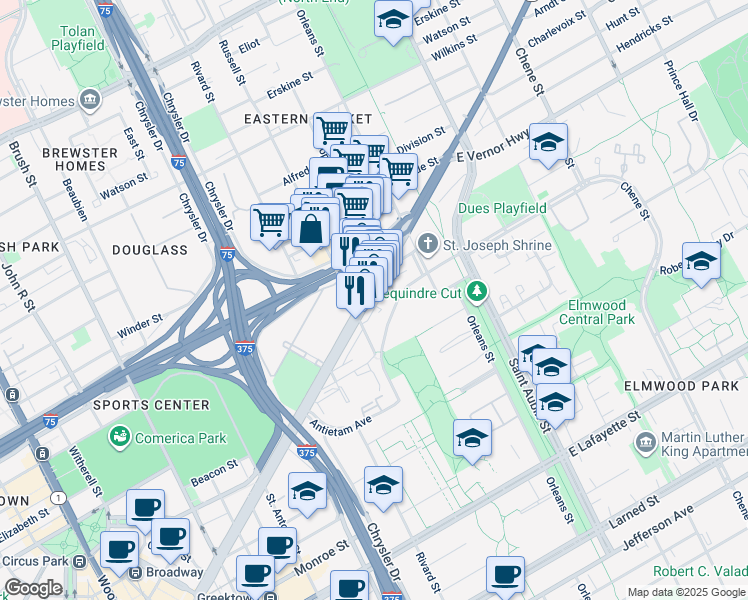 map of restaurants, bars, coffee shops, grocery stores, and more near in Detroit