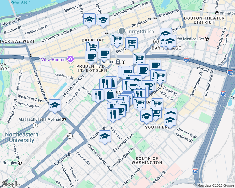 map of restaurants, bars, coffee shops, grocery stores, and more near 174 West Canton Street in Boston