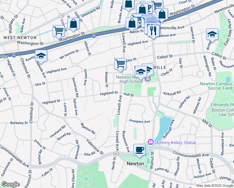 map of restaurants, bars, coffee shops, grocery stores, and more near 404 Lowell Avenue in Newton
