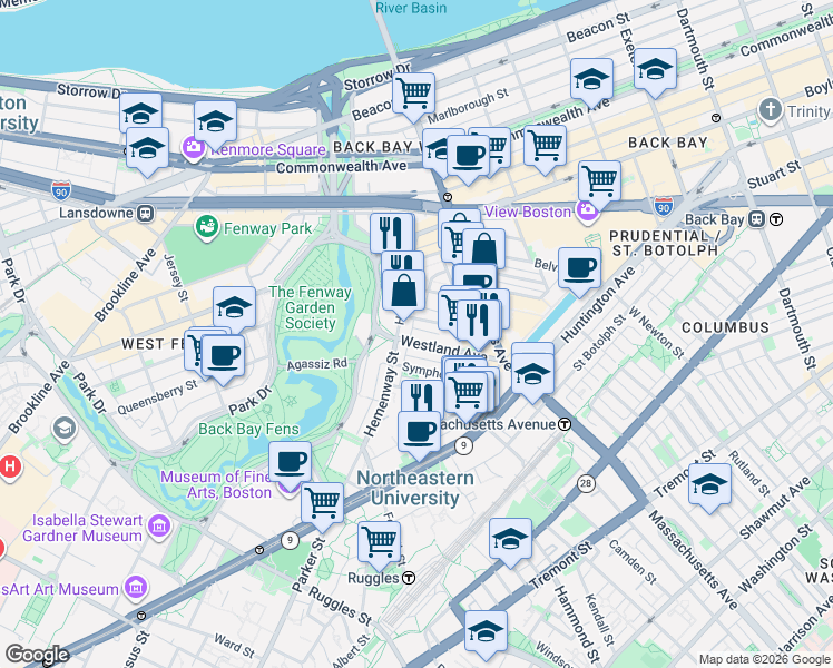 map of restaurants, bars, coffee shops, grocery stores, and more near 81 Westland Avenue in Boston