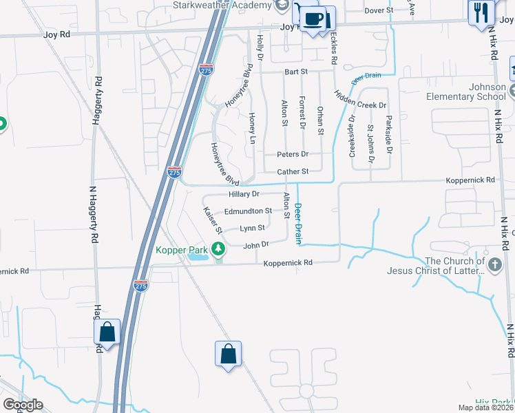 map of restaurants, bars, coffee shops, grocery stores, and more near 39792 Lynn Street in Canton
