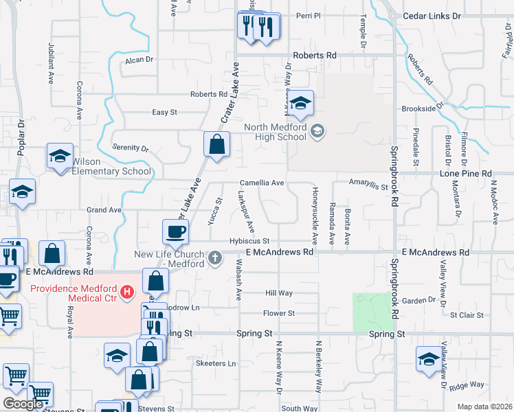 map of restaurants, bars, coffee shops, grocery stores, and more near 1418 Larkspur Avenue in Medford