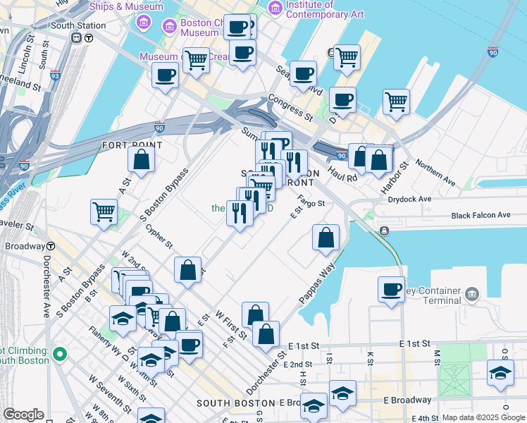 map of restaurants, bars, coffee shops, grocery stores, and more near 393 D Street in Boston