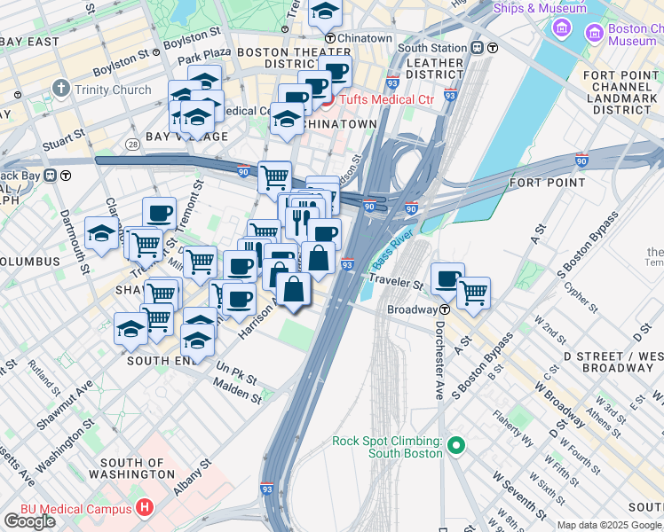 map of restaurants, bars, coffee shops, grocery stores, and more near 275 Albany Street in Boston