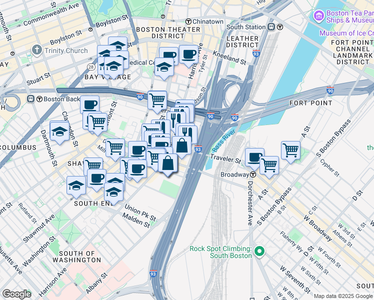 map of restaurants, bars, coffee shops, grocery stores, and more near 275 Albany Street in Boston