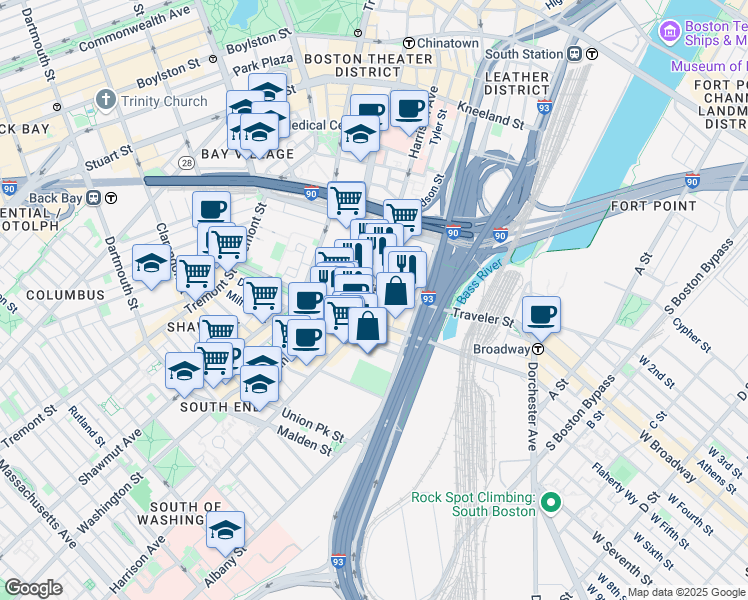 map of restaurants, bars, coffee shops, grocery stores, and more near 219 East Berkeley Street in Boston