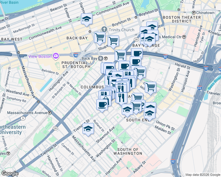 map of restaurants, bars, coffee shops, grocery stores, and more near 7 Dartmouth Street in Boston