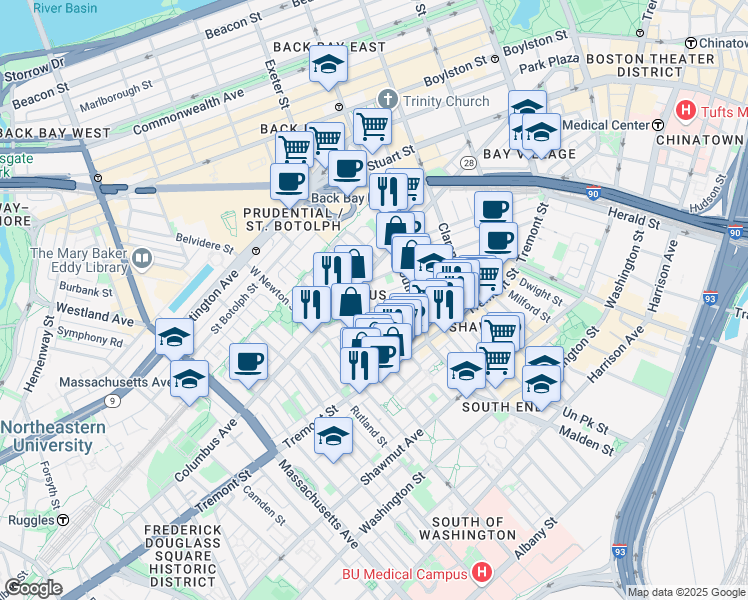 map of restaurants, bars, coffee shops, grocery stores, and more near 174 West Canton Street in Boston