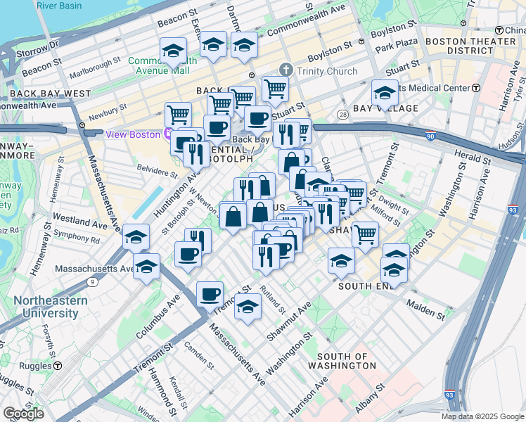 map of restaurants, bars, coffee shops, grocery stores, and more near 141 Pembroke Street in Boston