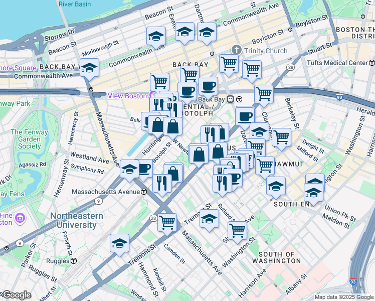 map of restaurants, bars, coffee shops, grocery stores, and more near 195 West Newton Street in Boston