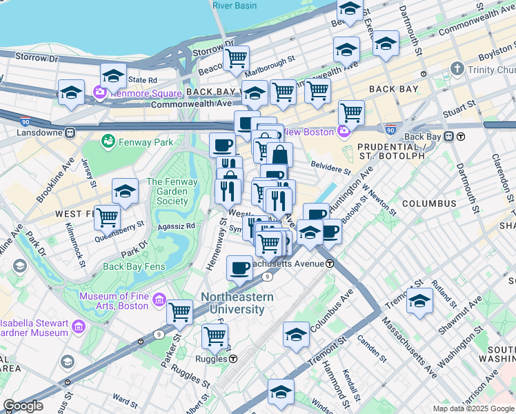 map of restaurants, bars, coffee shops, grocery stores, and more near 29 Symphony Road in Boston