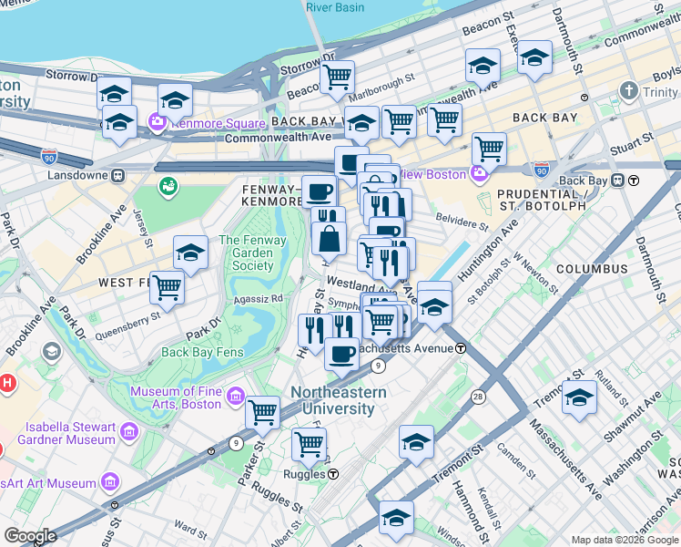 map of restaurants, bars, coffee shops, grocery stores, and more near in Boston