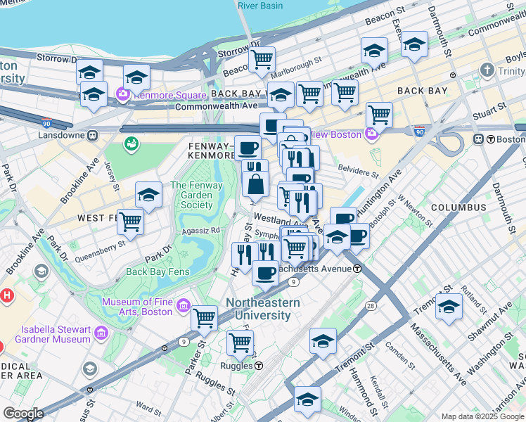 map of restaurants, bars, coffee shops, grocery stores, and more near in Boston