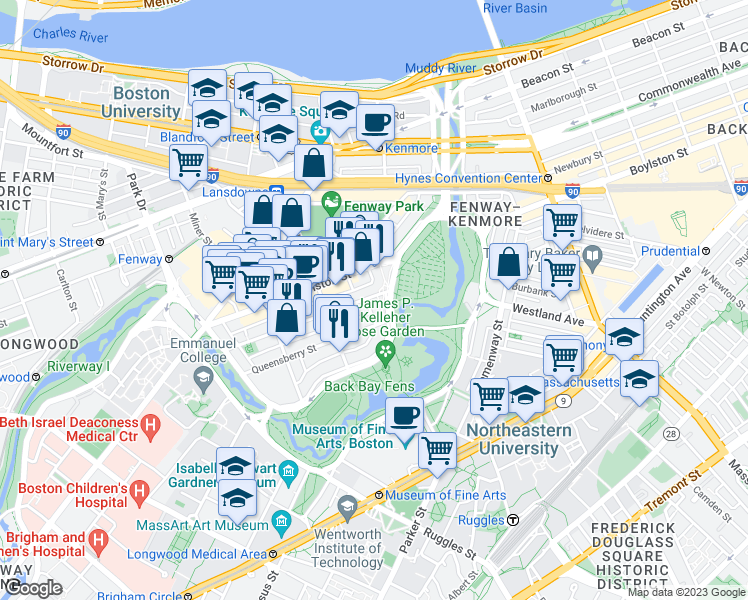 map of restaurants, bars, coffee shops, grocery stores, and more near 11 Queensberry Street in Boston