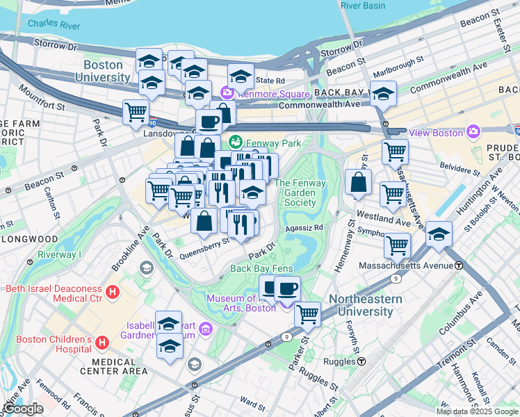 map of restaurants, bars, coffee shops, grocery stores, and more near 11 Queensberry Street in Boston