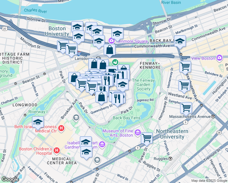 map of restaurants, bars, coffee shops, grocery stores, and more near 119 Jersey Street in Boston