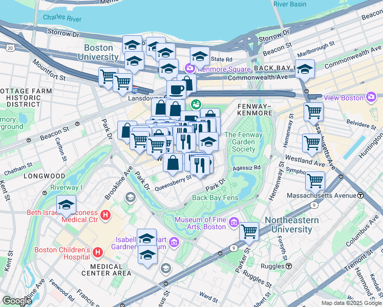 map of restaurants, bars, coffee shops, grocery stores, and more near 119 Jersey Street in Boston