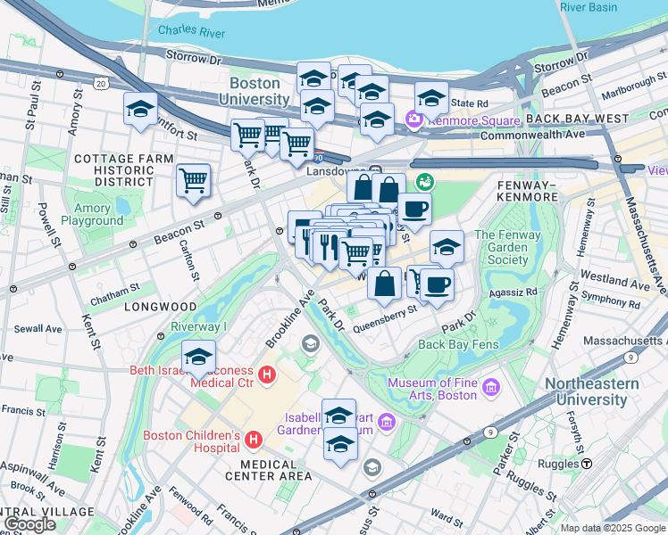 map of restaurants, bars, coffee shops, grocery stores, and more near 1395 Boylston Street in Boston