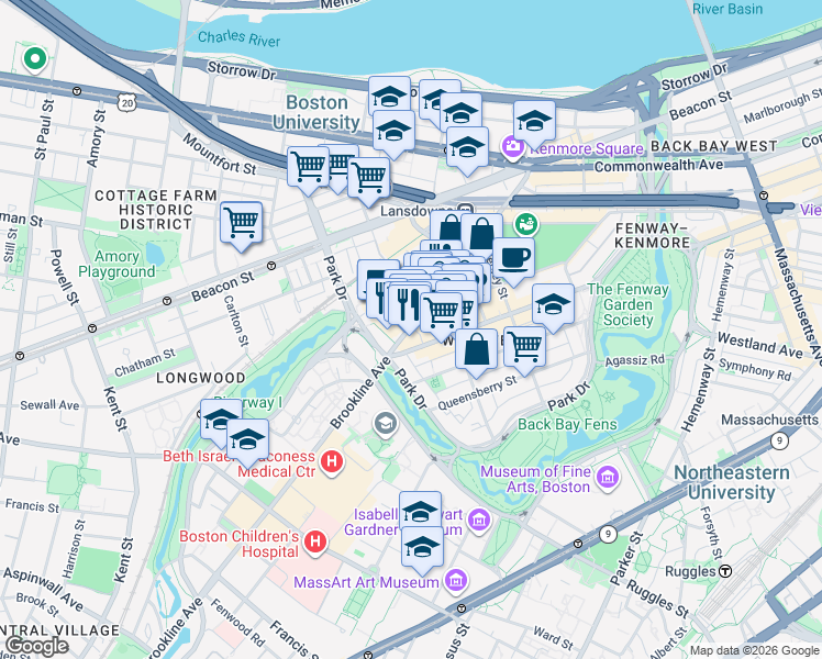 map of restaurants, bars, coffee shops, grocery stores, and more near 1395 Boylston Street in Boston