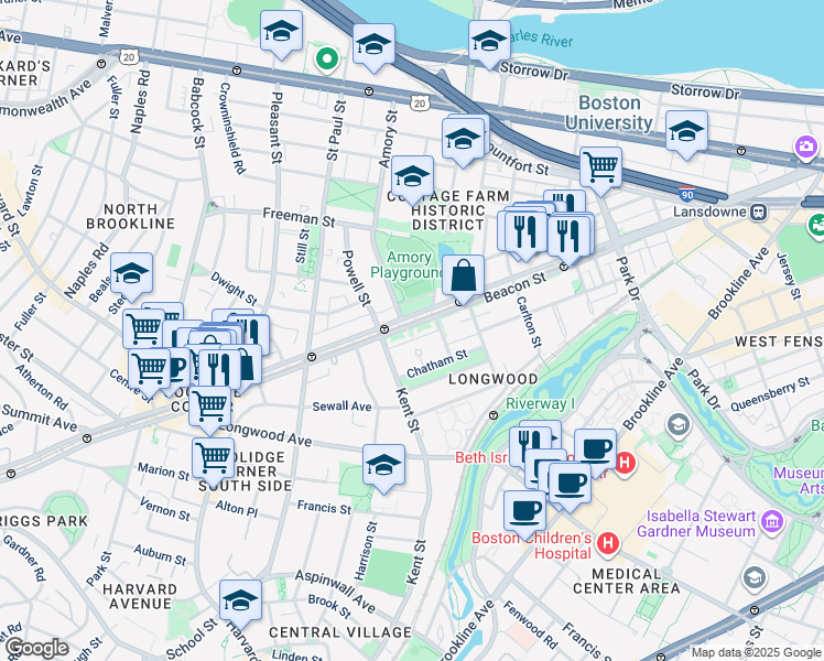 map of restaurants, bars, coffee shops, grocery stores, and more near in Brookline