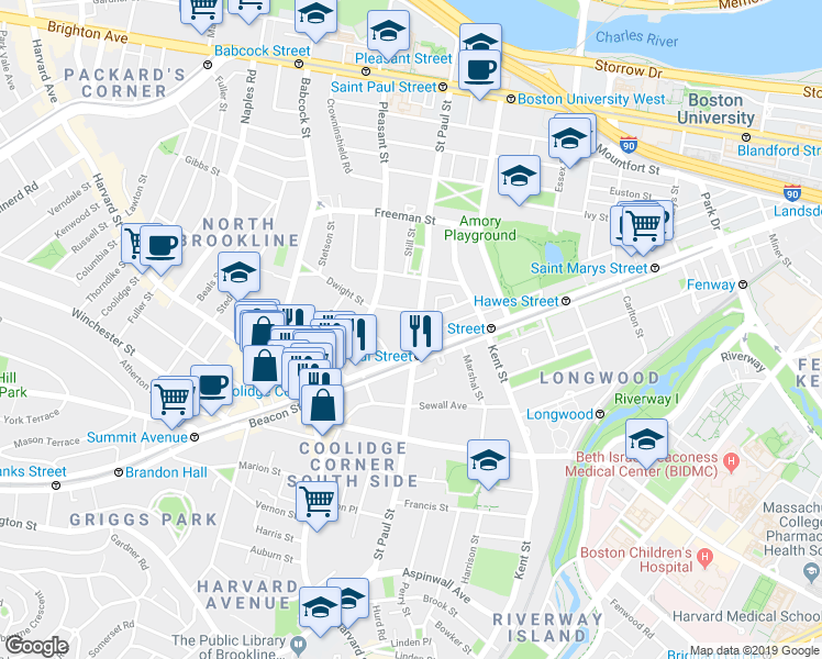 map of restaurants, bars, coffee shops, grocery stores, and more near 3 James Street in Brookline
