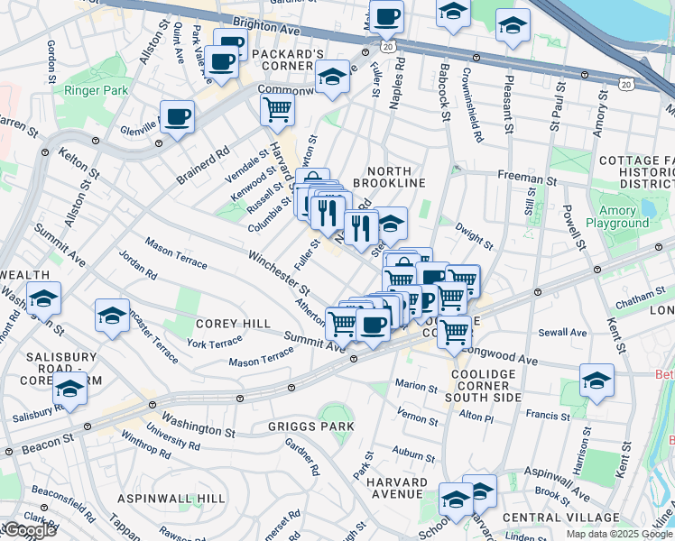 map of restaurants, bars, coffee shops, grocery stores, and more near 75 Winchester Street in Brookline