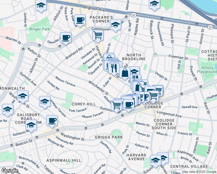 map of restaurants, bars, coffee shops, grocery stores, and more near 104 Winchester Street in Brookline